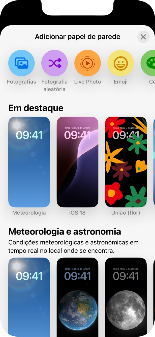 Prima a categoria pretendida e siga as indicações no ecrã para escolher a imagem de fundo pretendida.
