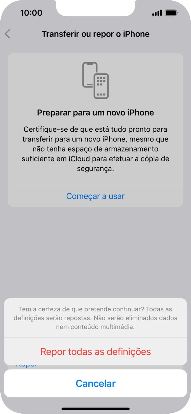 Prima Repor todas as definições. Aguarde um momento enquanto o telefone restabelece as definições originais. Siga as indicações no ecrã para configurar o telefone de modo que este fique pronto a ser utilizado.