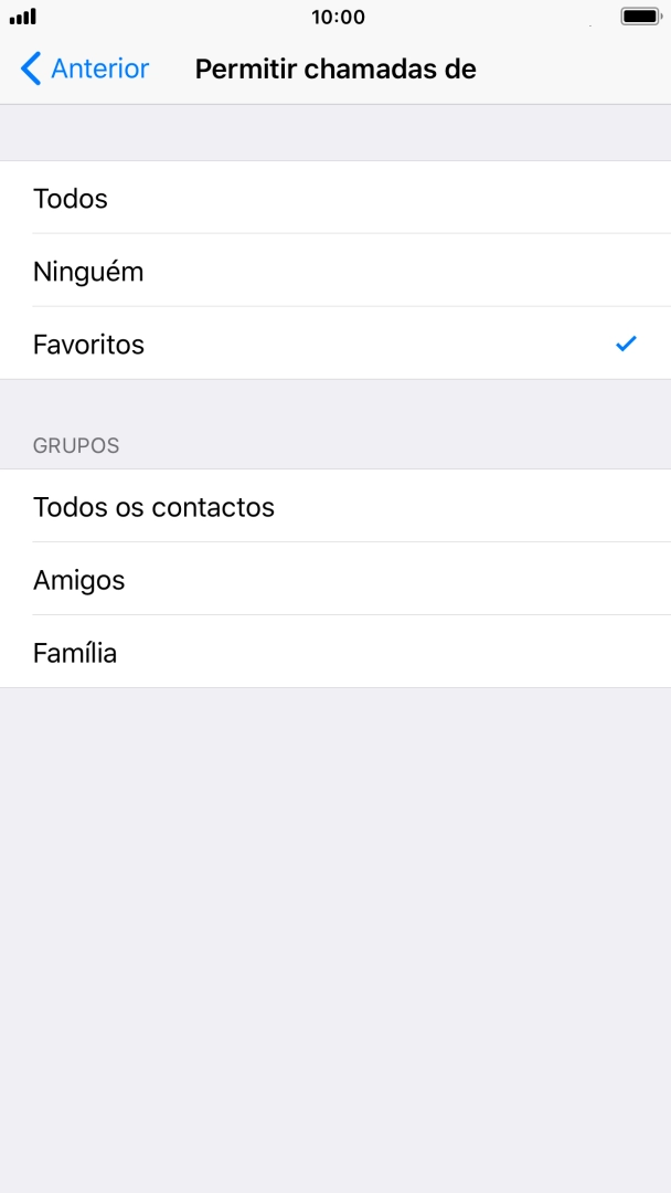 Prima as definições pretendidas para escolher quais os contactos que lhe podem ligar quando a função 