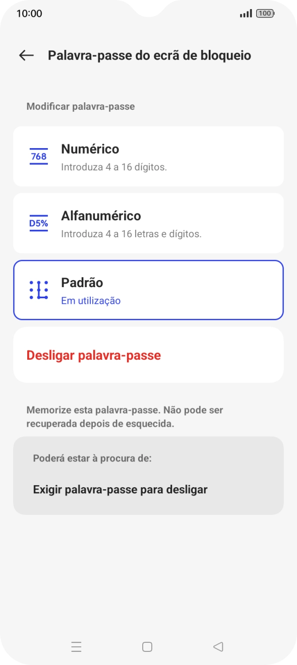 Prima Desligar palavra-passe.