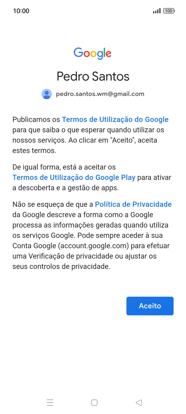 Prima Aceito e siga as indicações no ecrã para escolher as definições da conta Google.
