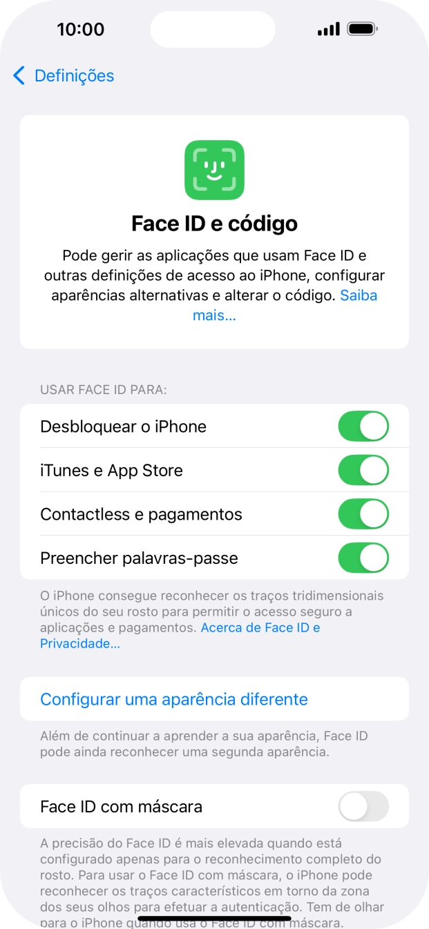 Prima os indicadores junto às definições pretendidas para as ativar ou desativar.
