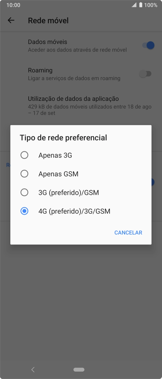 Prima o tipo de rede pretendido.