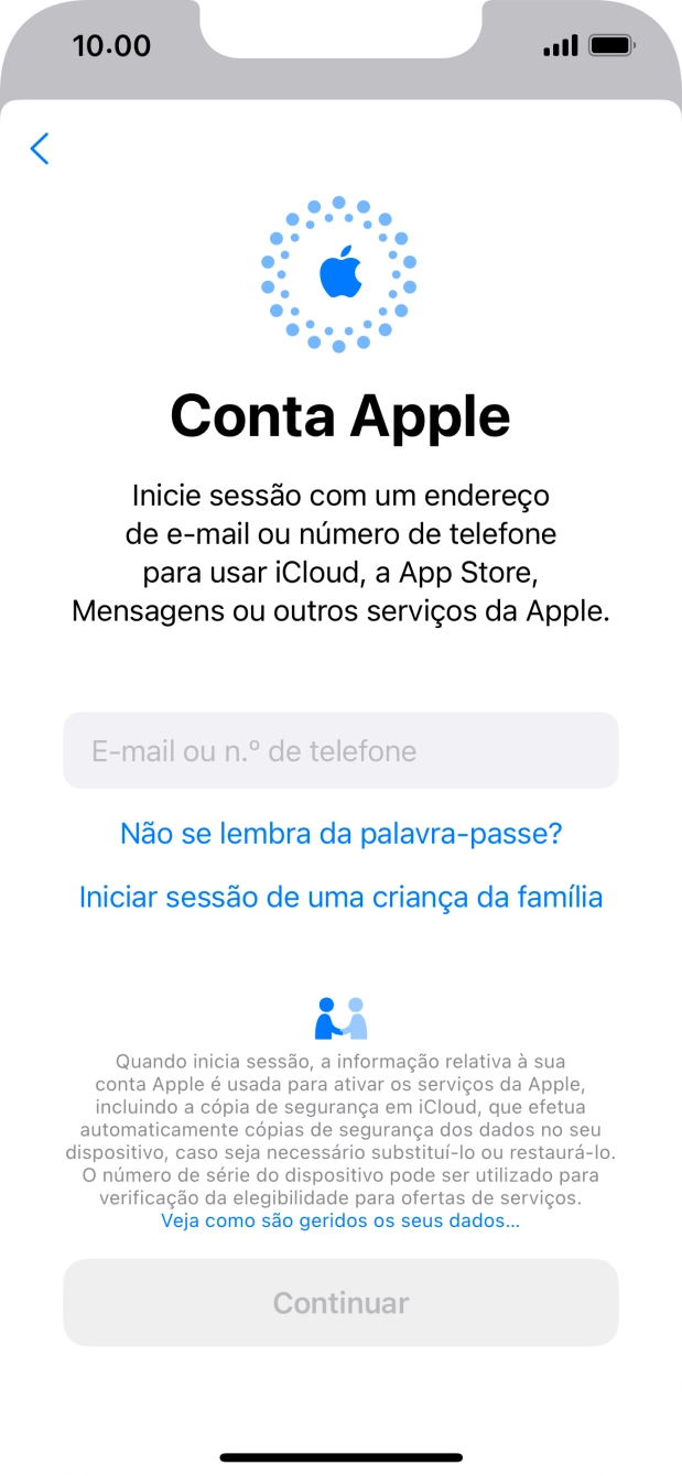 Prima E-mail ou n.º de telefone e introduza o nome de utilizador do seu ID Apple.