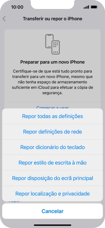 Prima Repor definições de rede.