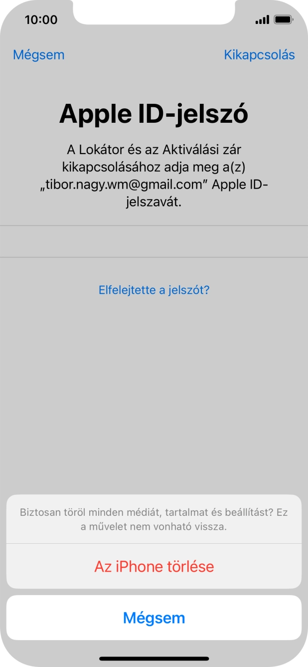 Írd be az Apple ID-hoz tartózó jelszót, és válaszd Az iPhone törlése lehetőséget. Várj egy kicsit, amíg a telefon visszaállítja a gyári beállításokat. A telefon konfigurálásához és ahhoz, hogy üzemkész állapotba hozd, kövesd a képernyőn megjelenő utasításokat.