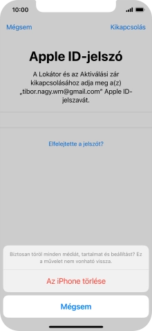 Írd be az Apple ID-hoz tartózó jelszót, és válaszd Az iPhone törlése lehetőséget. Várj egy kicsit, amíg a telefon visszaállítja a gyári beállításokat. A telefon konfigurálásához és ahhoz, hogy üzemkész állapotba hozd, kövesd a képernyőn megjelenő utasításokat.
