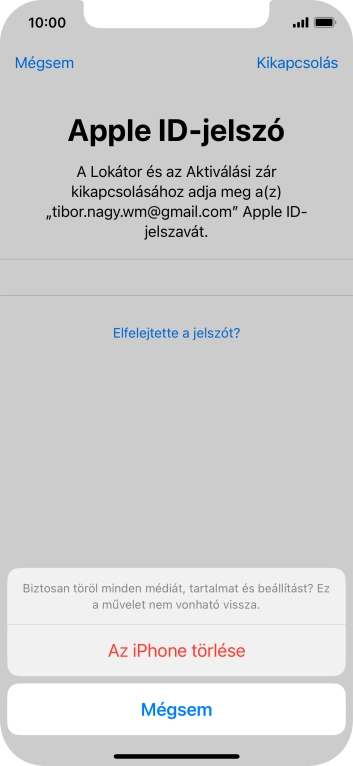 Írd be az Apple ID-hoz tartózó jelszót, és válaszd Az iPhone törlése lehetőséget. Várj egy kicsit, amíg a telefon visszaállítja a gyári beállításokat. A telefon konfigurálásához és ahhoz, hogy üzemkész állapotba hozd, kövesd a képernyőn megjelenő utasításokat.