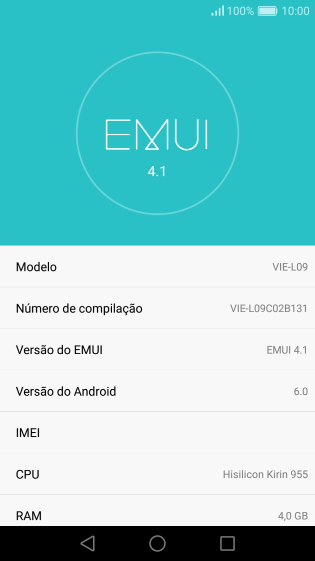 O código IMEI é mostrado no ecrã.