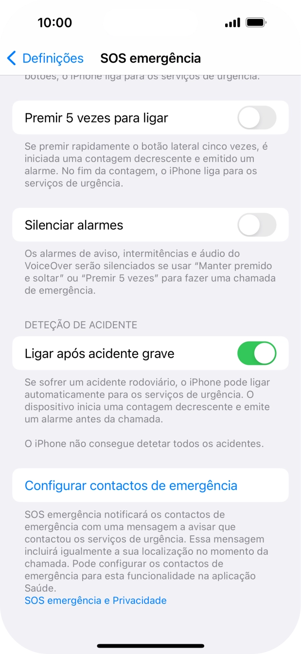 Prima Configurar contactos de emergência e siga as indicações no ecrã para introduzir a sua informação de emergência e os seus contactos de emergência.