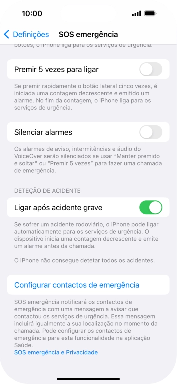 Prima Configurar contactos de emergência e siga as indicações no ecrã para introduzir a sua informação de emergência e os seus contactos de emergência.