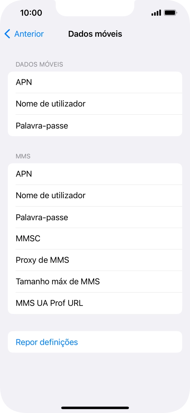 Prima APN e insira net2.vodafone.pt.
