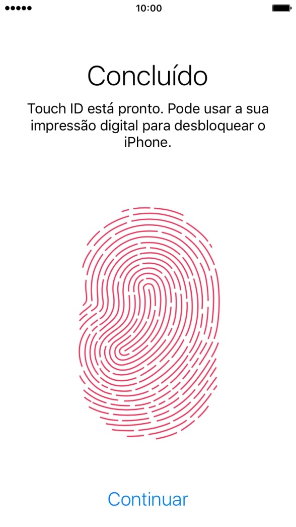 Prima Continuar. Se ainda não tiver escolhido um código de bloqueio do telefone, introduza um código à escolha duas vezes de seguida.