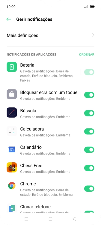 Prima o indicador junto às apps pretendidas para ativar ou desativar a função.
