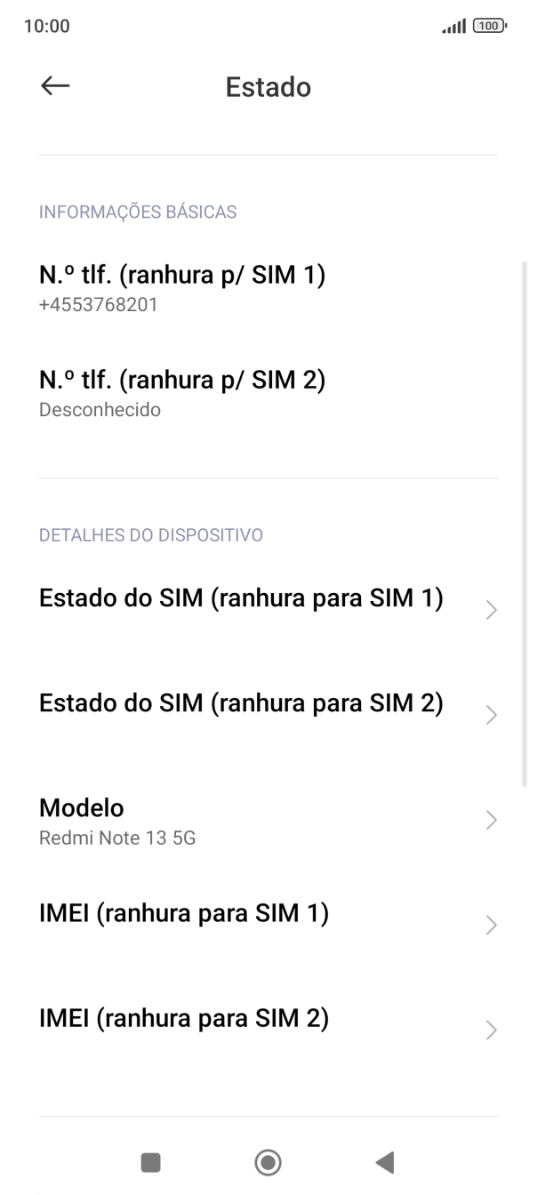 O código IMEI é mostrado no ecrã.