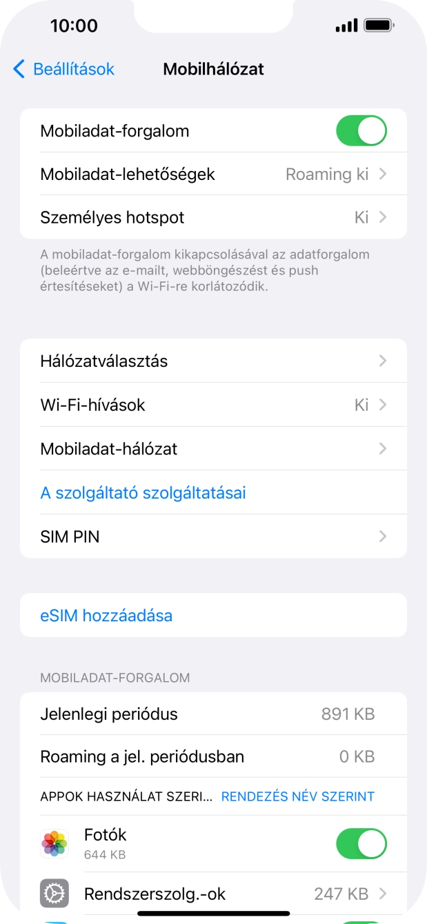 Válaszd a Mobiladat-hálózat lehetőséget.