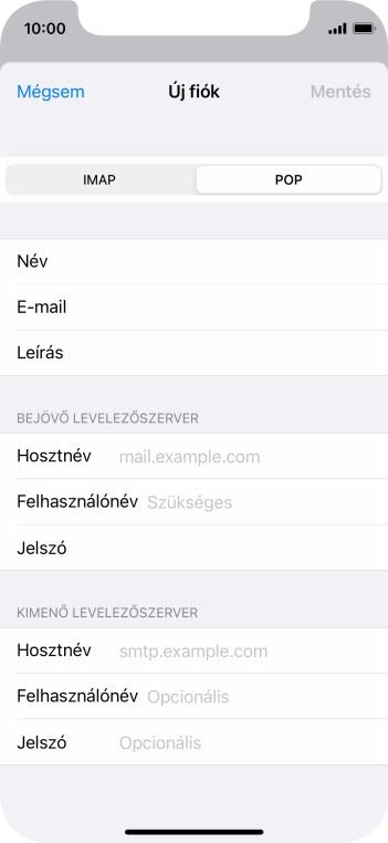 Kattints a Hosztnév mezőre, és írd be az e-mail szolgáltatód bejövő szerverének a nevét.