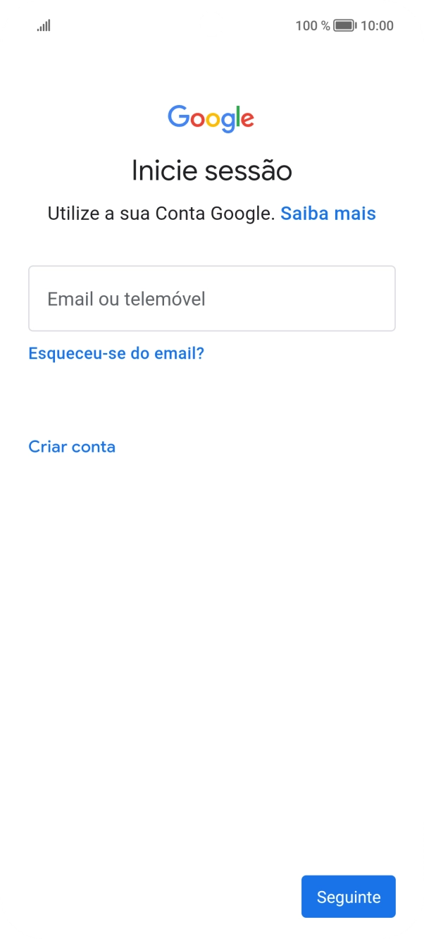 Se não tiver uma conta Google, prima Criar conta e siga as indicações no ecrã para criar uma conta.