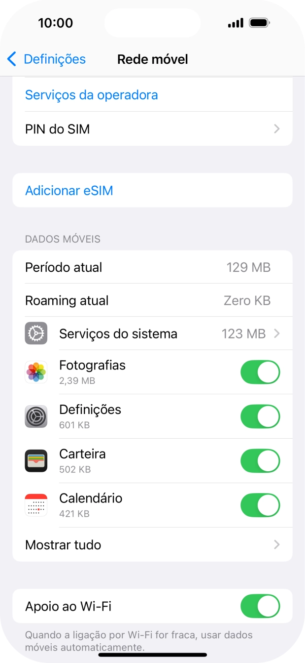 Prima o indicador junto das aplicações pretendidas para ativar ou desativar a função.