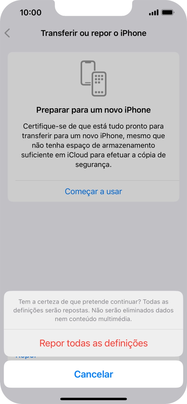 Prima Repor todas as definições. Aguarde um momento enquanto o telefone restabelece as definições originais. Siga as indicações no ecrã para configurar o telefone de modo que este fique pronto a ser utilizado.