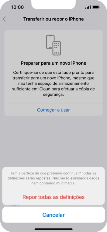 Prima Repor todas as definições. Aguarde um momento enquanto o telefone restabelece as definições originais. Siga as indicações no ecrã para configurar o telefone de modo que este fique pronto a ser utilizado.