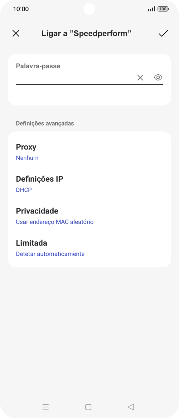 Introduza a password da rede Wi-Fi e prima o ícone para aceitar.