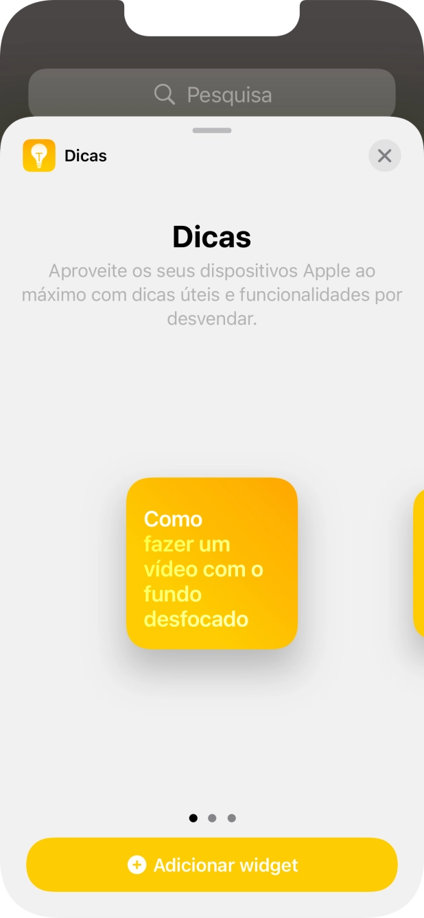 Para escolher a dimensão pretendida para o widget, deslize o dedo para a direita ou para a esquerda sobre o ecrã.
