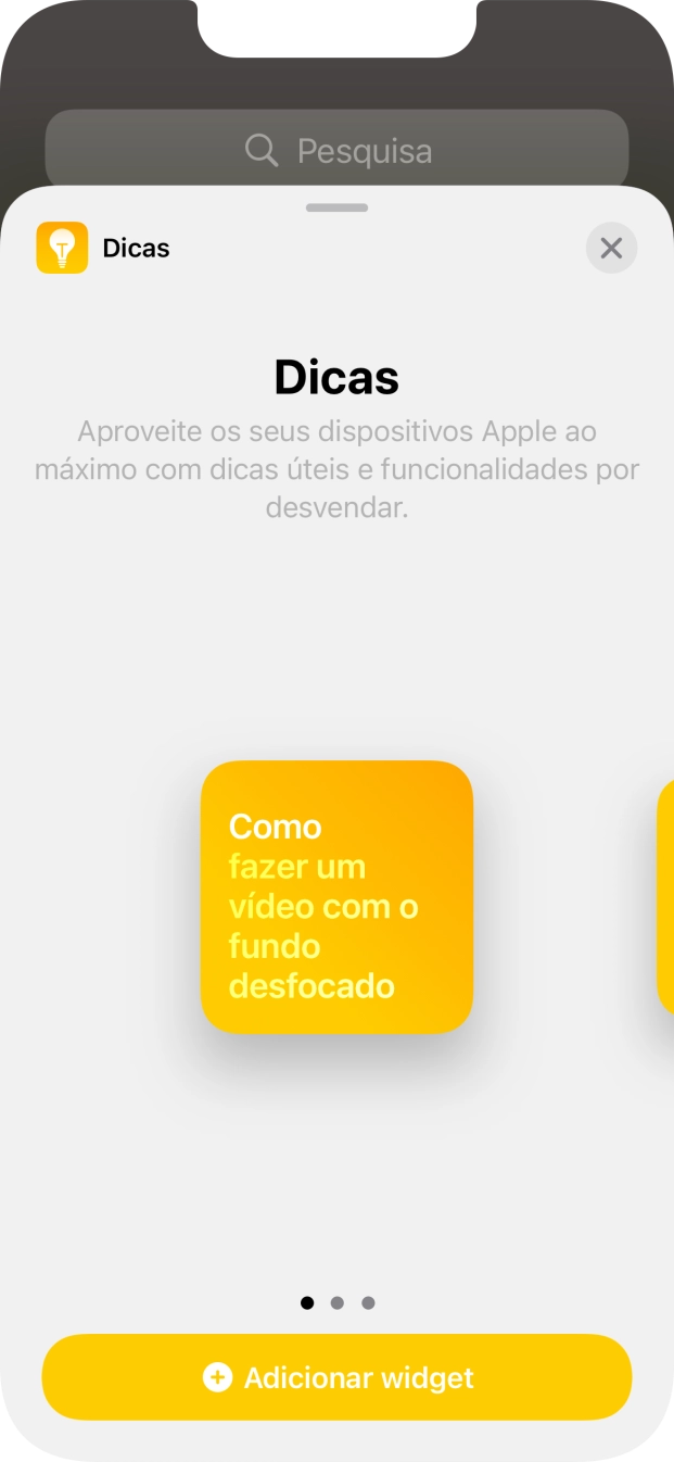 Para escolher a dimensão pretendida para o widget, deslize o dedo para a direita ou para a esquerda sobre o ecrã.