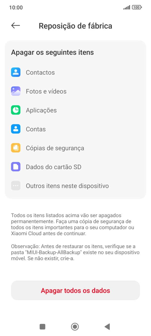 Prima Apagar todos os dados.