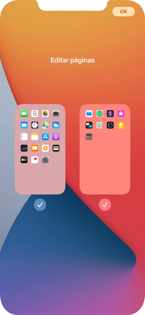 Prima os campos sob as páginas do ecrã inicial pretendidas, para ativar ou desativar a exibição de páginas.