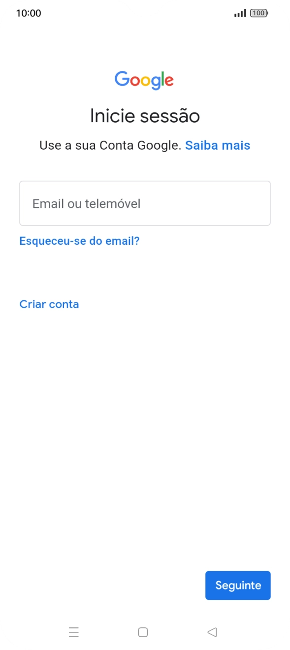 Se não tiver uma conta Google, prima Criar conta e siga as indicações no ecrã para criar uma conta.