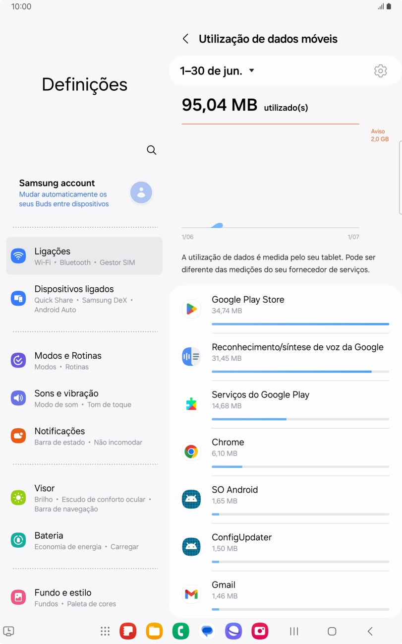 O consumo de dados de cada aplicação é mostrado sob o nome da aplicação.