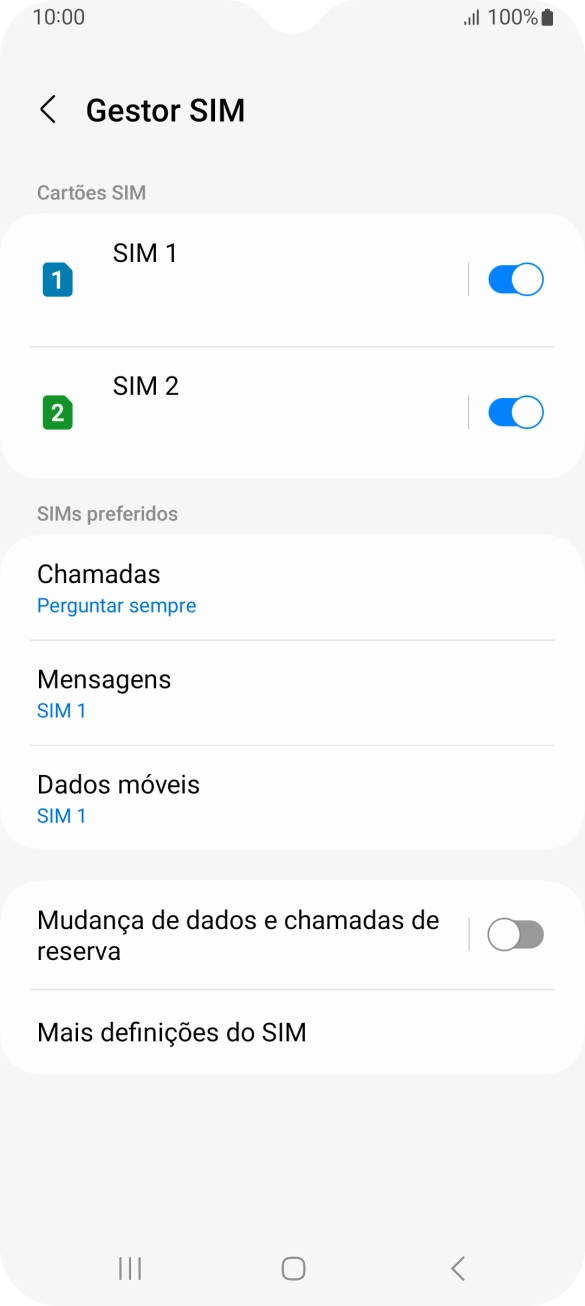 Prima o indicador para ativar ou desativar a utilização do cartão SIM.