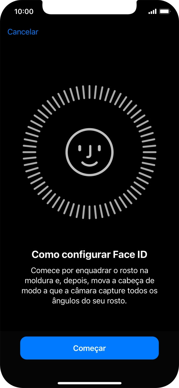 Prima Começar e siga as indicações no ecrã para estabelecer um código de reconhecimento facial (Face ID).