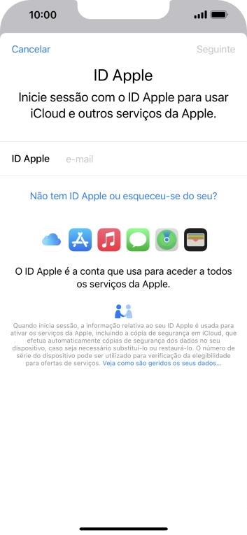 Se não tiver um ID Apple, prima Não tem ID Apple ou esqueceu-se do seu? e siga as indicações no ecrã para criar um ID Apple.