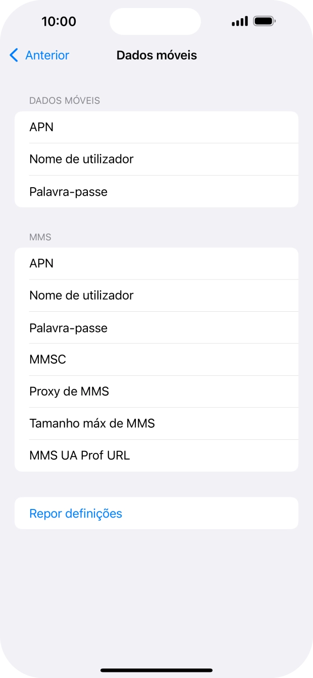 Prima APN e insira net2.vodafone.pt.