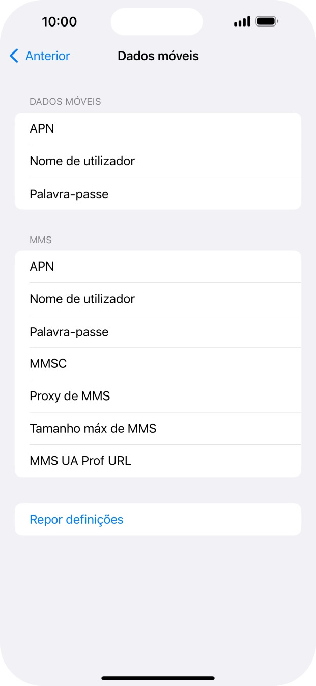 Prima APN e insira net2.vodafone.pt.