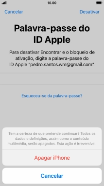 Introduza a password do ID Apple e prima Apagar iPhone. Aguarde um momento enquanto o telefone restabelece as definições originais. Siga as indicações no ecrã para configurar o telefone de modo que este fique pronto a ser utilizado.