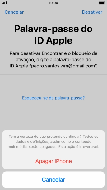 Introduza a password do ID Apple e prima Apagar iPhone. Aguarde um momento enquanto o telefone restabelece as definições originais. Siga as indicações no ecrã para configurar o telefone de modo que este fique pronto a ser utilizado.