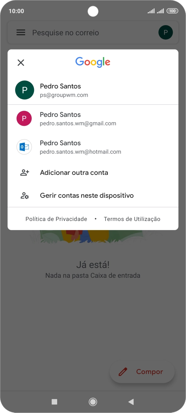 Prima a conta de e-mail pretendida.