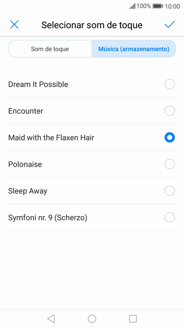 Quando tiver encontrado o tom de toque que pretende, prima o ícone para aceitar.
