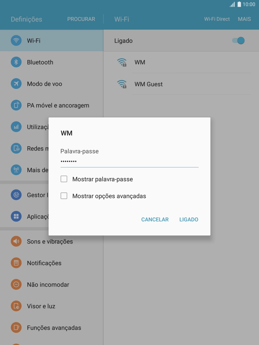 Introduza a password da rede Wi-Fi e prima LIGADO.