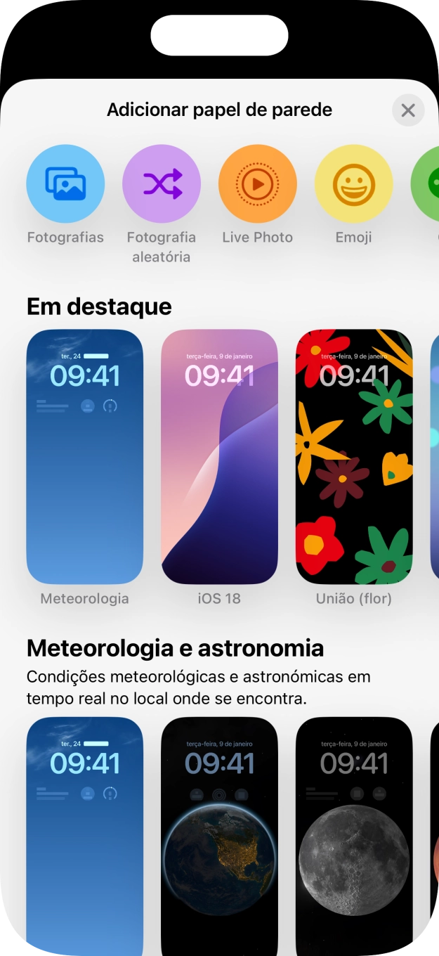 Prima a categoria pretendida e siga as indicações no ecrã para escolher a imagem de fundo pretendida.
