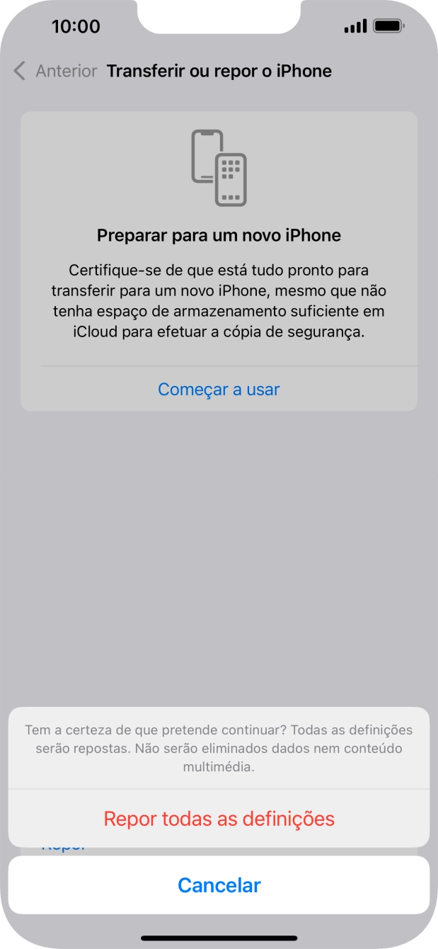 Prima Repor todas as definições. Aguarde um momento enquanto o telefone restabelece as definições originais. Siga as indicações no ecrã para configurar o telefone de modo que este fique pronto a ser utilizado.