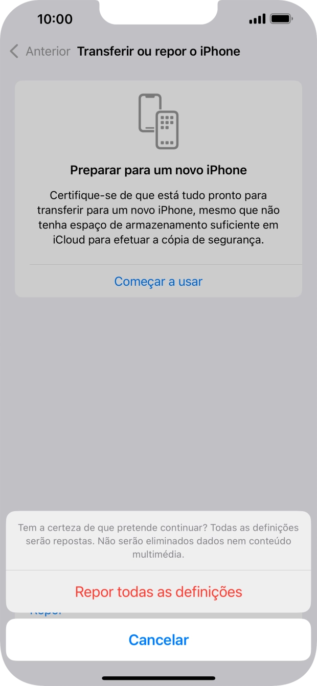 Prima Repor todas as definições. Aguarde um momento enquanto o telefone restabelece as definições originais. Siga as indicações no ecrã para configurar o telefone de modo que este fique pronto a ser utilizado.