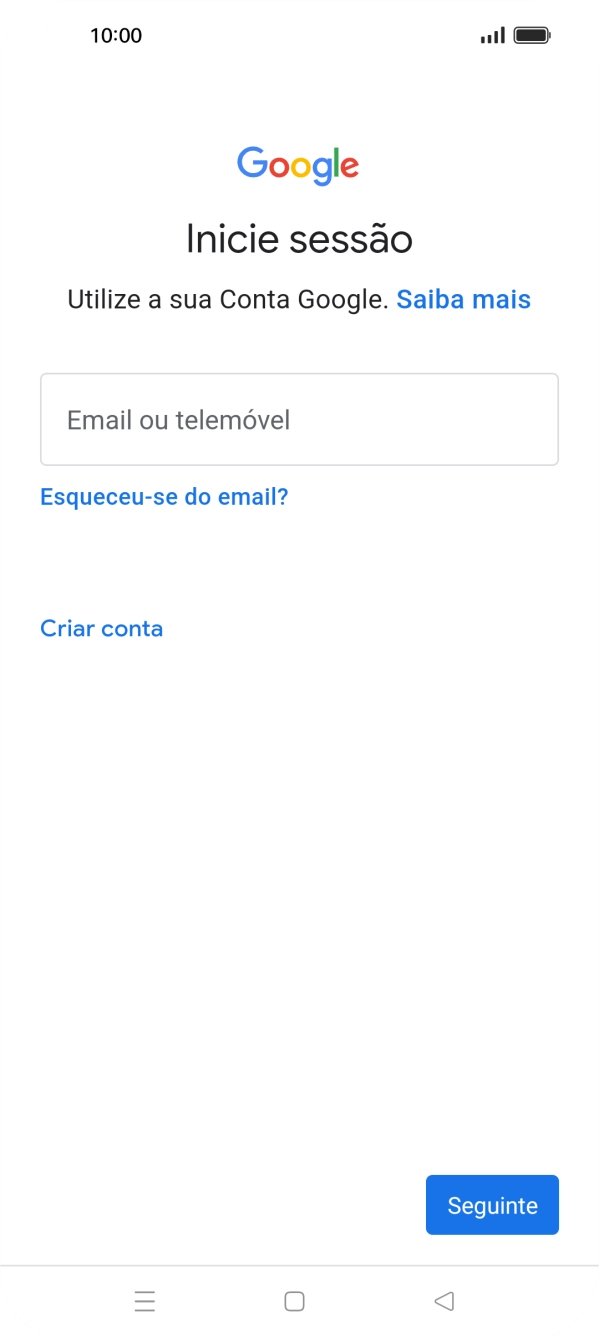 Se não tiver uma conta Google, prima Criar conta e siga as indicações no ecrã para criar uma conta.