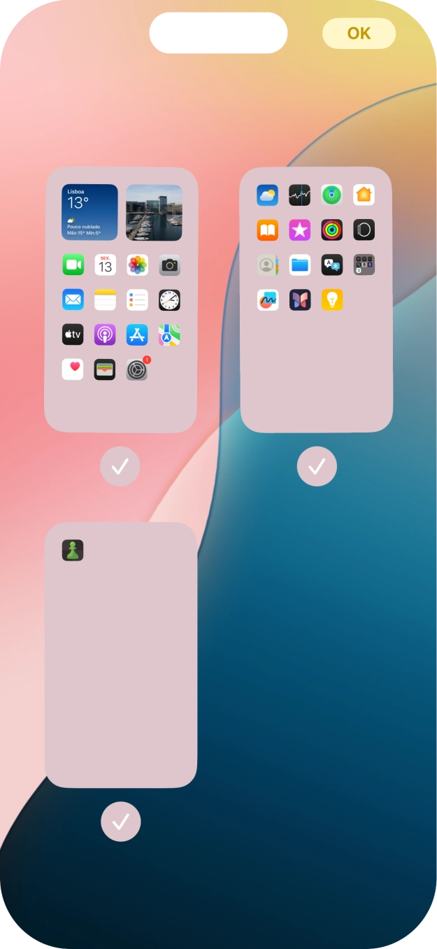 Prima o campo sob a página do ecrã inicial pretendido, para ativar ou desativar a exibição da página.
