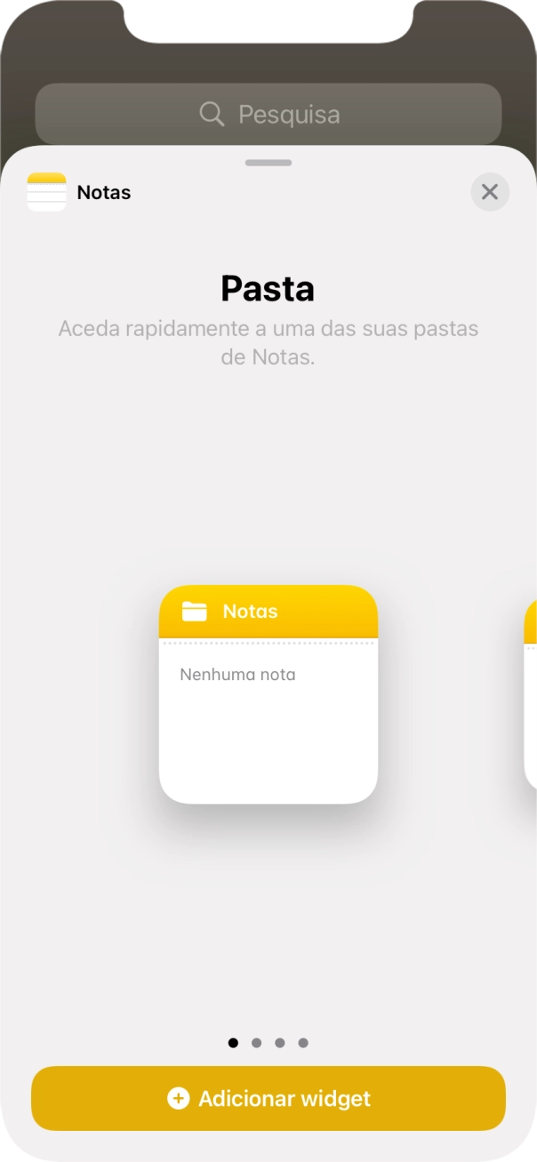 Para escolher a dimensão pretendida para o widget, deslize o dedo para a direita ou para a esquerda sobre o ecrã.