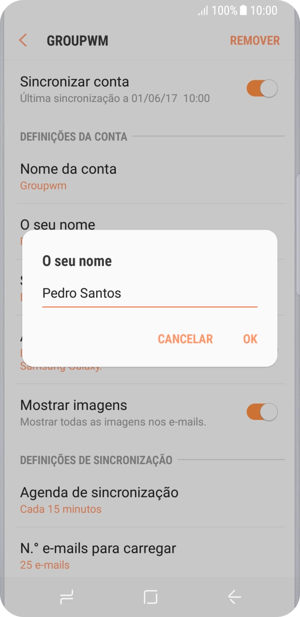 Introduza o nome de remetente e prima OK.
