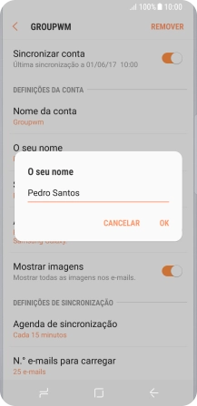 Introduza o nome de remetente e prima OK.